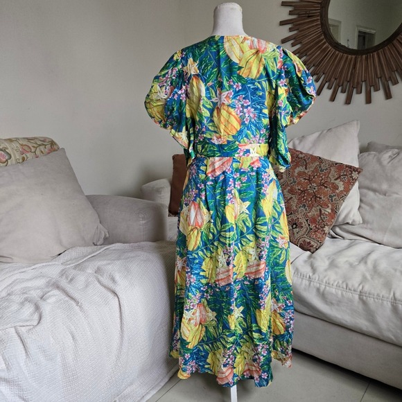 Anthropologie Farm Rio Sz Medium Star Fruits Puff‎ Sleeve Midi Dress Tropical - Picture 5 of 13